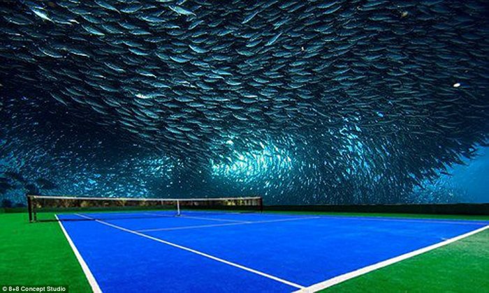 Концепт теннисного корта под водой